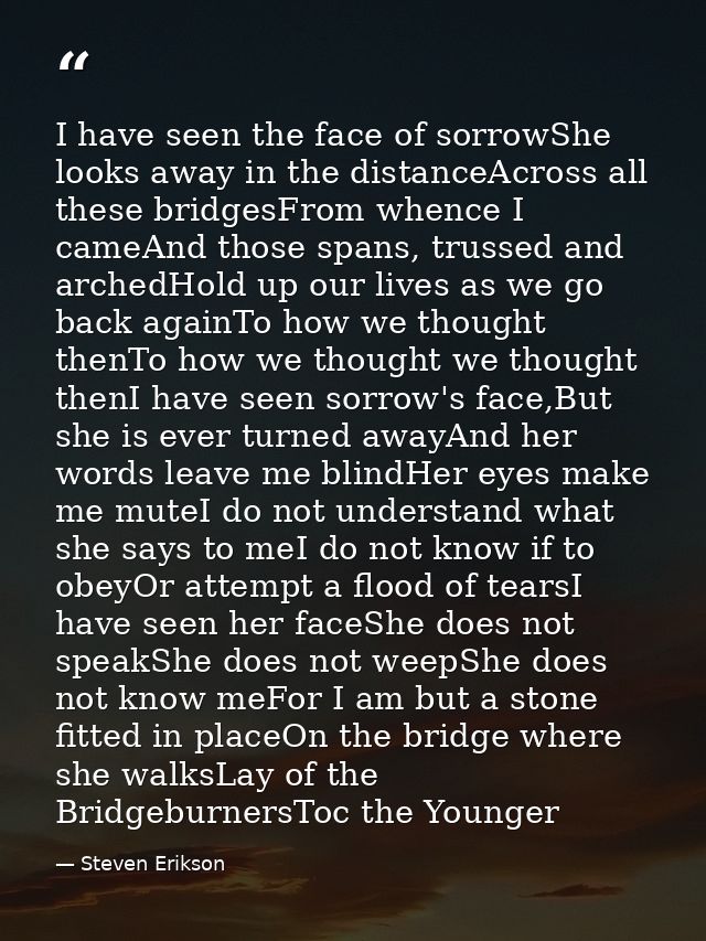 I have seen the face of sorrowShe looks away in the distanceAcross all these bridgesFrom whence I cameAnd those spans, t — Steven Erikson