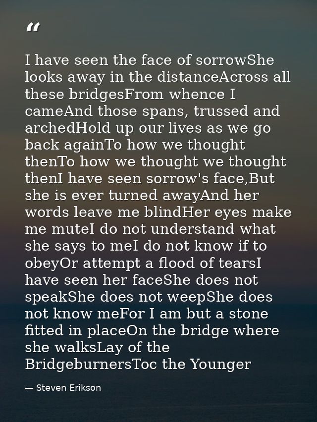 I have seen the face of sorrowShe looks away in the distanceAcross all these bridgesFrom whence I cameAnd those spans, t — Steven Erikson