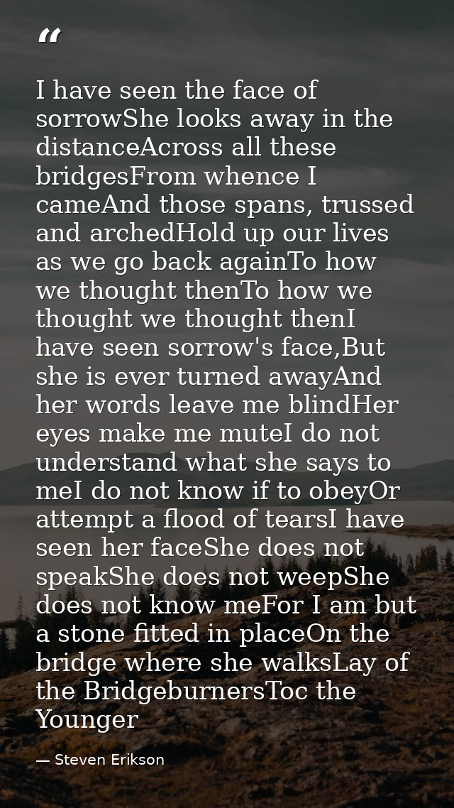 I have seen the face of sorrowShe looks away in the distanceAcross all these bridgesFrom whence I cameAnd those spans, t — Steven Erikson