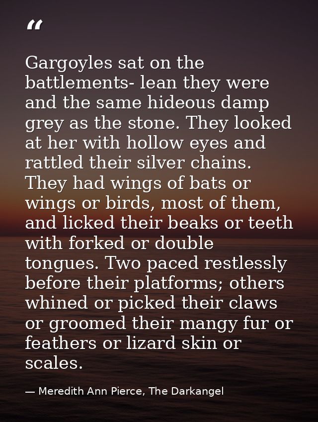 Gargoyles sat on the battlements- lean they were and the same hideous damp grey as the stone. They looked at her with ho — Meredith Ann Pierce, The Darkangel