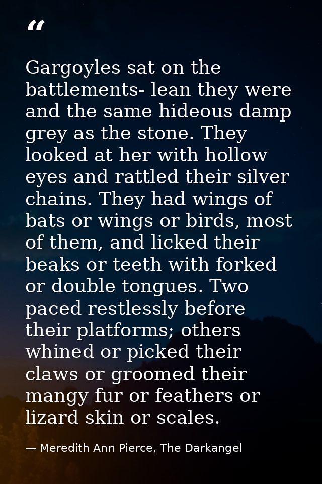 Gargoyles sat on the battlements- lean they were and the same hideous damp grey as the stone. They looked at her with ho — Meredith Ann Pierce, The Darkangel