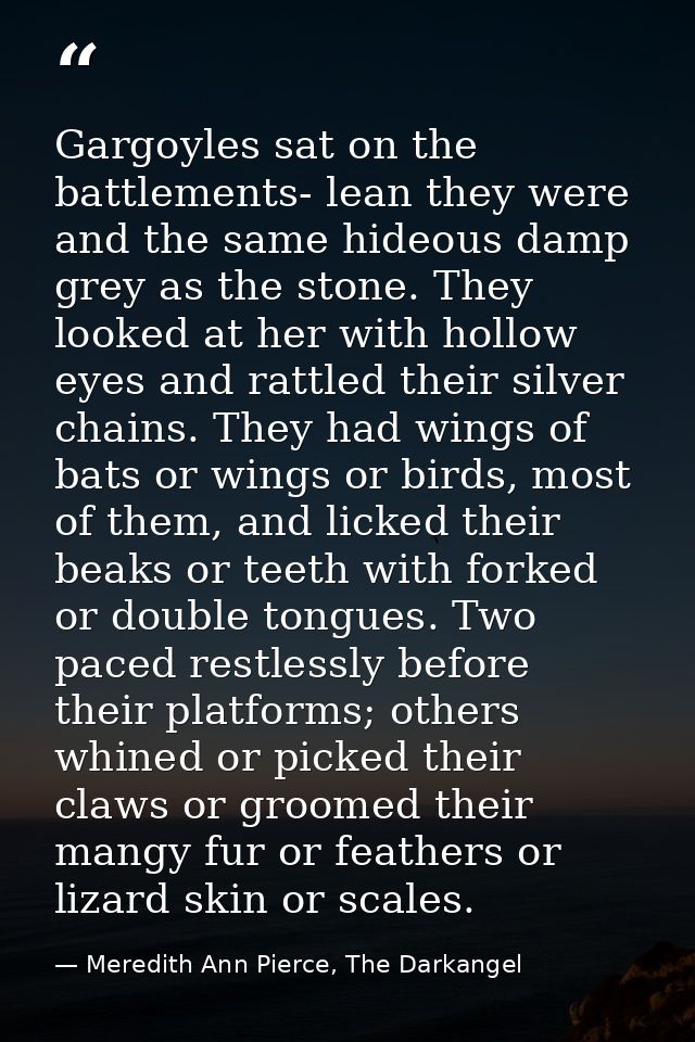 Gargoyles sat on the battlements- lean they were and the same hideous damp grey as the stone. They looked at her with ho — Meredith Ann Pierce, The Darkangel