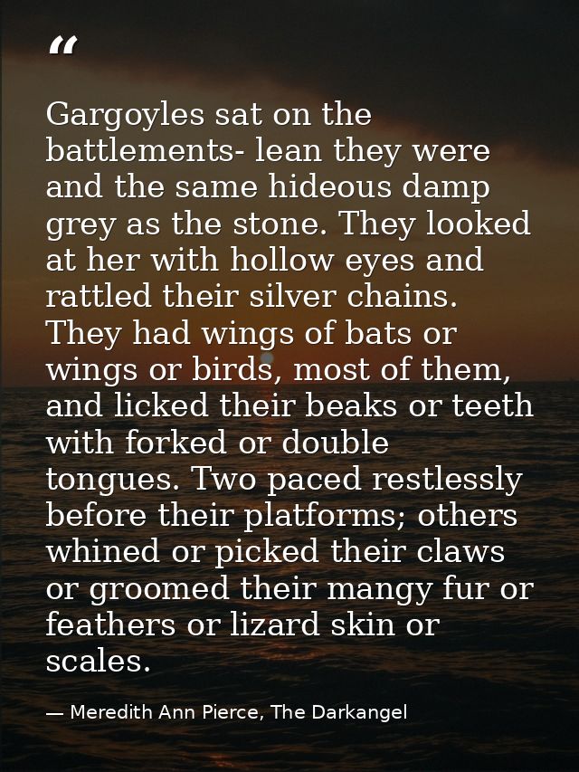 Gargoyles sat on the battlements- lean they were and the same hideous damp grey as the stone. They looked at her with ho — Meredith Ann Pierce, The Darkangel