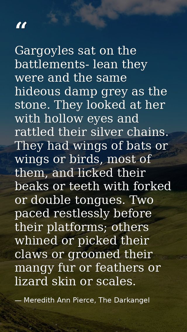 Gargoyles sat on the battlements- lean they were and the same hideous damp grey as the stone. They looked at her with ho — Meredith Ann Pierce, The Darkangel
