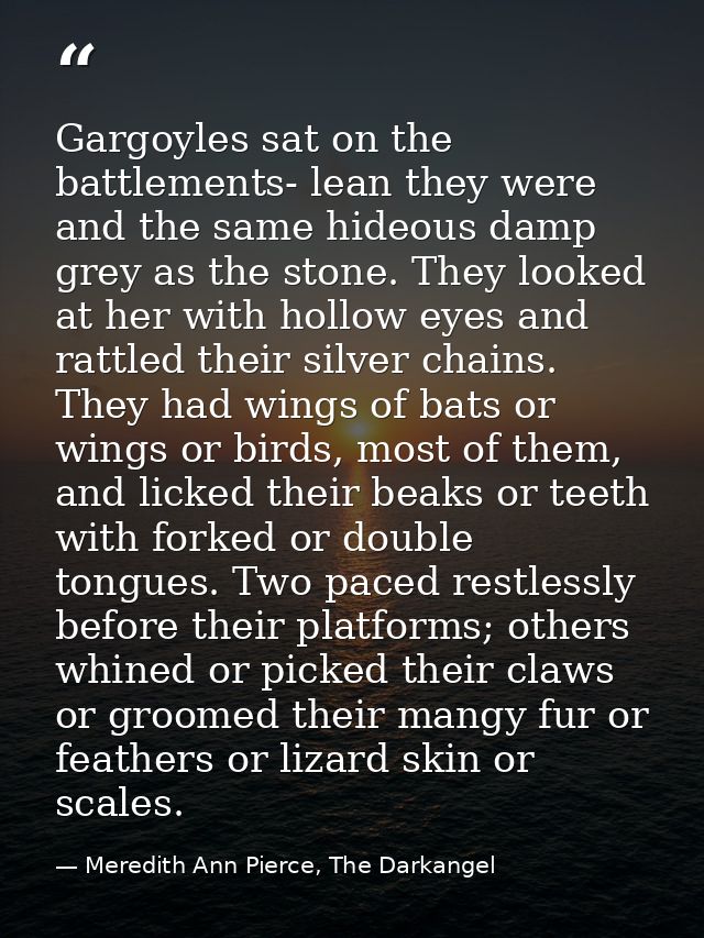 Gargoyles sat on the battlements- lean they were and the same hideous damp grey as the stone. They looked at her with ho — Meredith Ann Pierce, The Darkangel