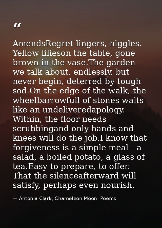 AmendsRegret lingers, niggles. Yellow lilieson the table, gone brown in the vase.The garden we talk about, endlessly, bu — Antonia Clark, Chameleon Moon: Poems