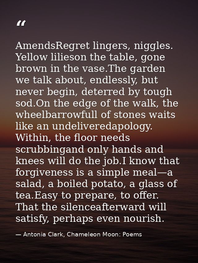 AmendsRegret lingers, niggles. Yellow lilieson the table, gone brown in the vase.The garden we talk about, endlessly, bu — Antonia Clark, Chameleon Moon: Poems