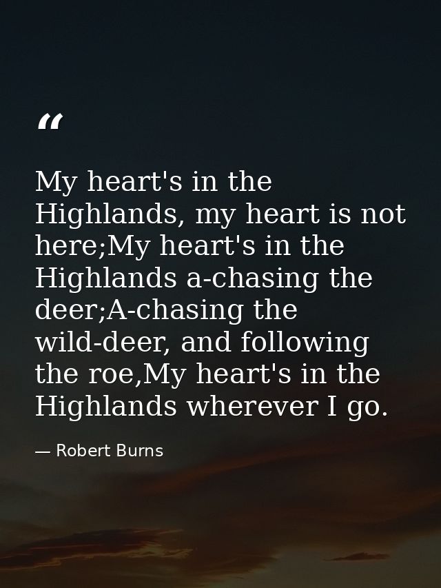 My heart's in the Highlands, my heart is not here;My heart's in the Highlands a-chasing the deer;A-chasing the wild-deer — Robert Burns