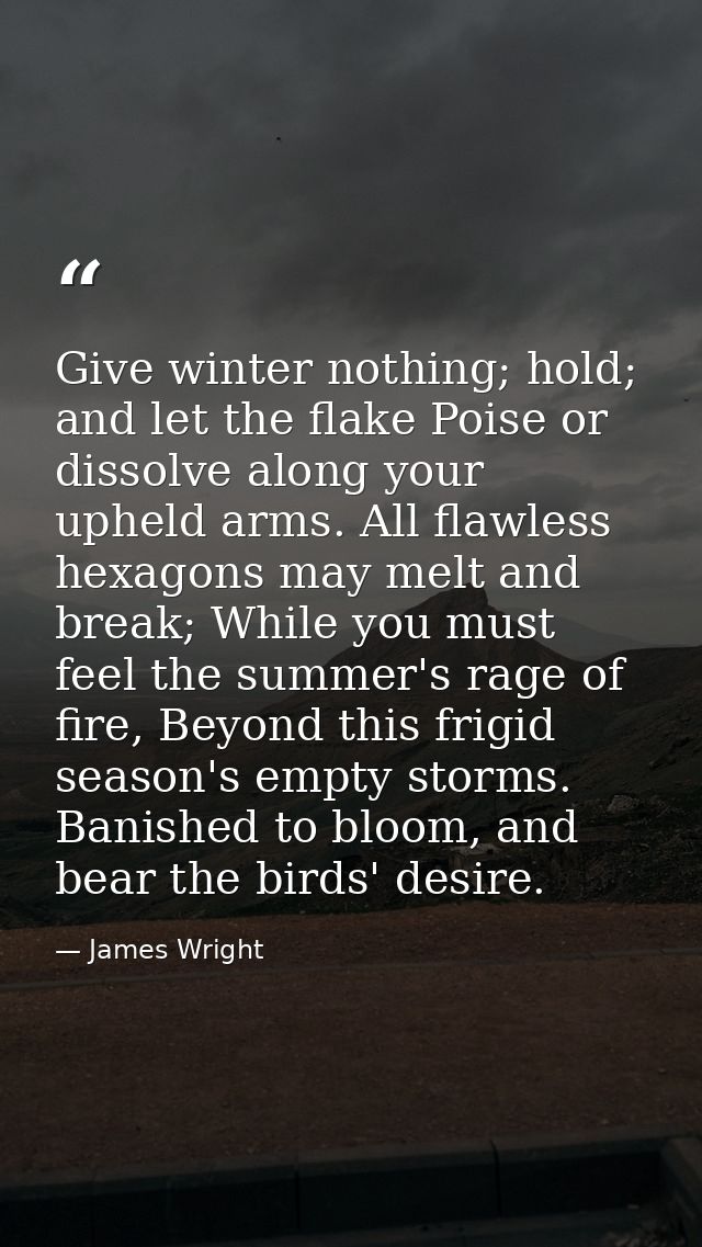 Give winter nothing; hold; and let the flake Poise or dissolve along your upheld arms. All flawless hexagons may melt an — James Wright