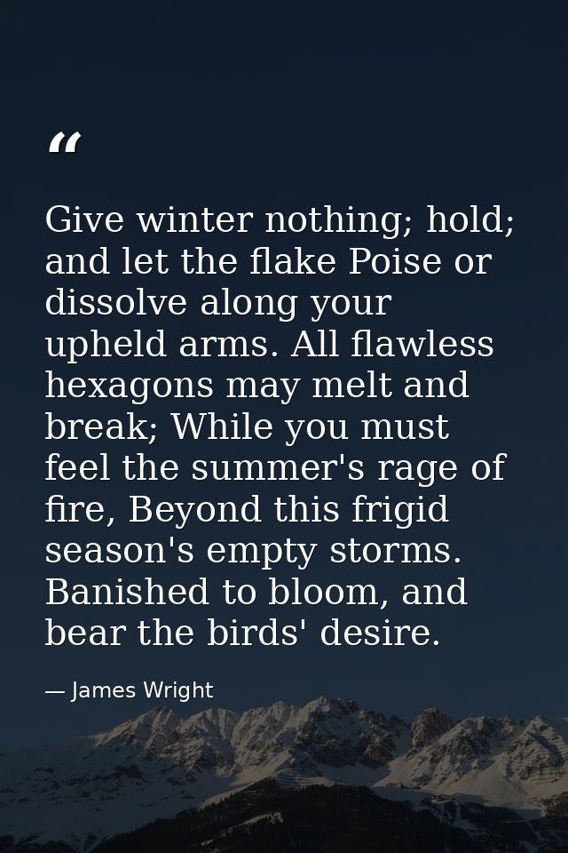 Give winter nothing; hold; and let the flake Poise or dissolve along your upheld arms. All flawless hexagons may melt an — James Wright