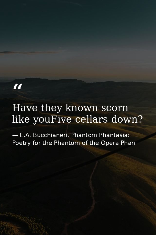 Have they known scorn like youFive cellars down? — E.A. Bucchianeri, Phantom Phantasia: Poetry for the Phantom of the Opera Phan