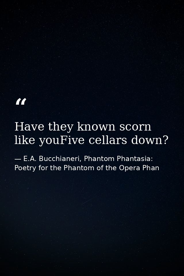 Have they known scorn like youFive cellars down? — E.A. Bucchianeri, Phantom Phantasia: Poetry for the Phantom of the Opera Phan
