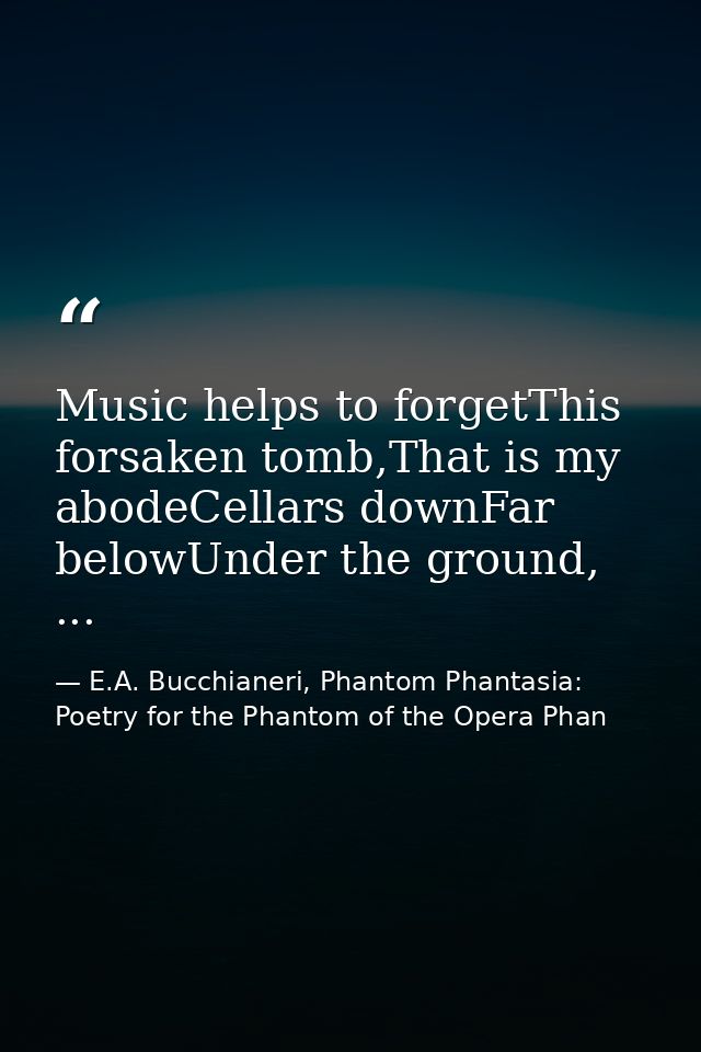 Music helps to forgetThis forsaken tomb,That is my abodeCellars downFar belowUnder the ground, ... — E.A. Bucchianeri, Phantom Phantasia: Poetry for the Phantom of the Opera Phan