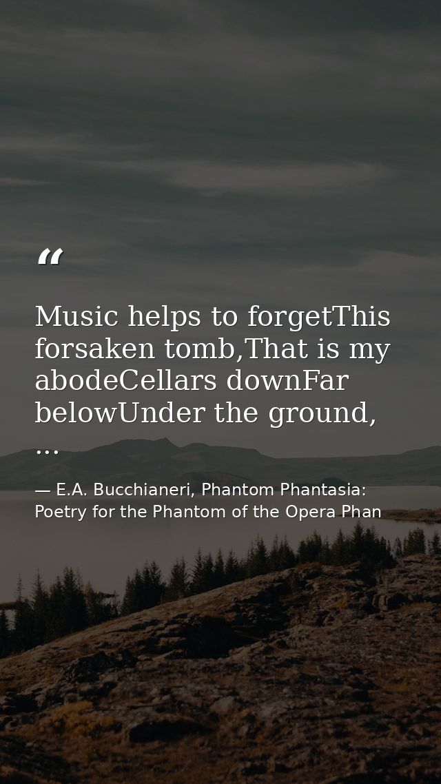 Music helps to forgetThis forsaken tomb,That is my abodeCellars downFar belowUnder the ground, ... — E.A. Bucchianeri, Phantom Phantasia: Poetry for the Phantom of the Opera Phan