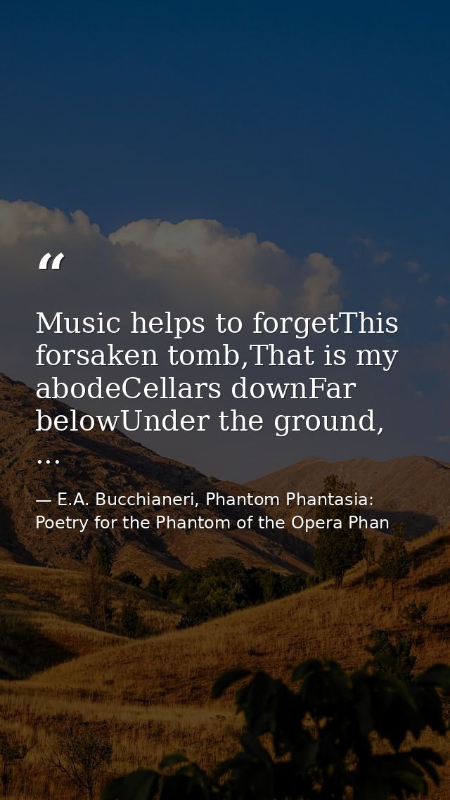 Music helps to forgetThis forsaken tomb,That is my abodeCellars downFar belowUnder the ground, ... — E.A. Bucchianeri, Phantom Phantasia: Poetry for the Phantom of the Opera Phan