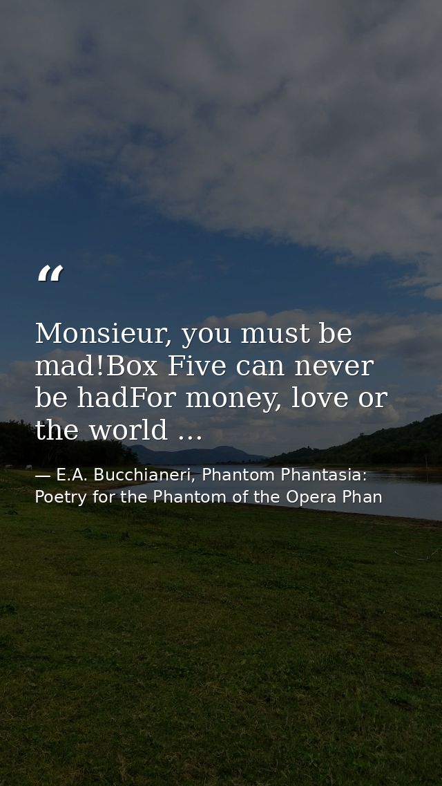 Monsieur, you must be mad!Box Five can never be hadFor money, love or the world ... — E.A. Bucchianeri, Phantom Phantasia: Poetry for the Phantom of the Opera Phan