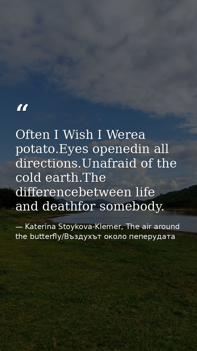 Often I Wish I Werea potato.Eyes openedin all directions.Unafraid of the cold earth.The differencebetween life and death — Katerina Stoykova-Klemer, The air around the butterfly/Въздухът около пеперудата