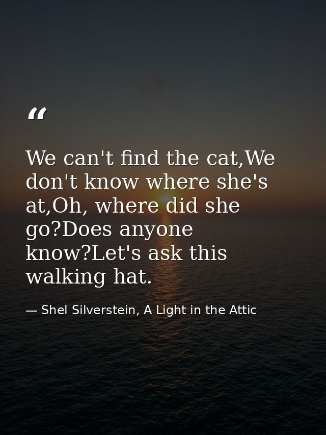 We can't find the cat,We don't know where she's at,Oh, where did she go?Does anyone know?Let's ask this walking hat. — Shel Silverstein, A Light in the Attic
