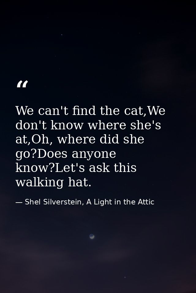 We can't find the cat,We don't know where she's at,Oh, where did she go?Does anyone know?Let's ask this walking hat. — Shel Silverstein, A Light in the Attic