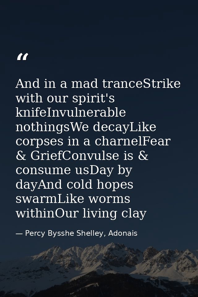 And in a mad tranceStrike with our spirit's knifeInvulnerable nothingsWe decayLike corpses in a charnelFear & GriefConvu — Percy Bysshe Shelley, Adonais