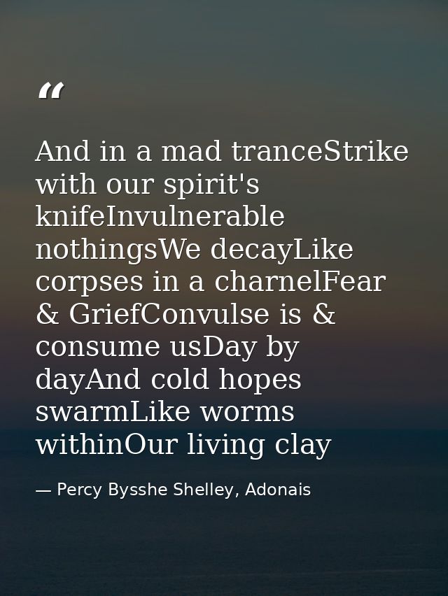 And in a mad tranceStrike with our spirit's knifeInvulnerable nothingsWe decayLike corpses in a charnelFear & GriefConvu — Percy Bysshe Shelley, Adonais