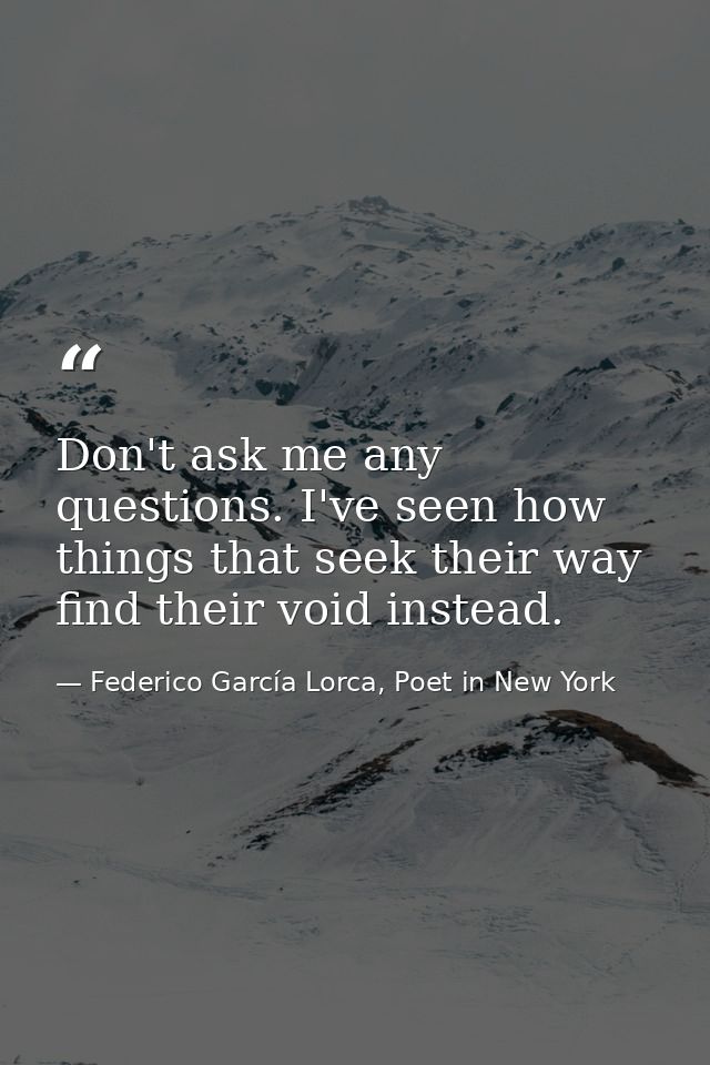 Don't ask me any questions. I've seen how things that seek their way find their void instead. — Federico García Lorca, Poet in New York