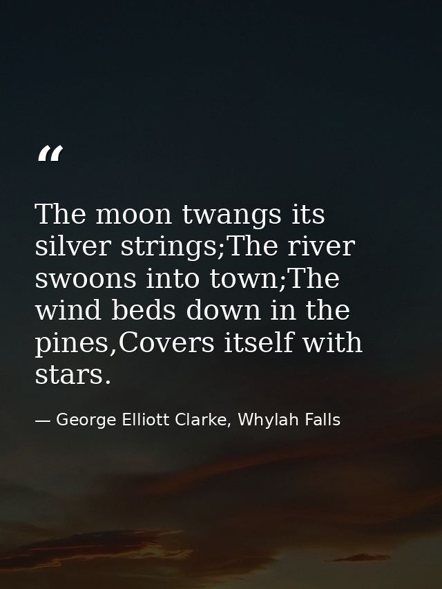 The moon twangs its silver strings;The river swoons into town;The wind beds down in the pines,Covers itself with stars. — George Elliott Clarke, Whylah Falls