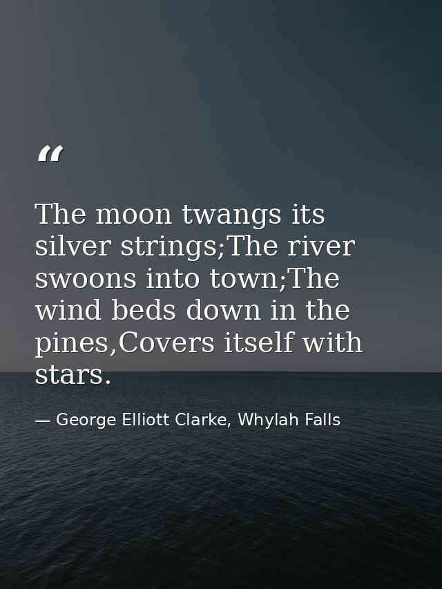 The moon twangs its silver strings;The river swoons into town;The wind beds down in the pines,Covers itself with stars. — George Elliott Clarke, Whylah Falls