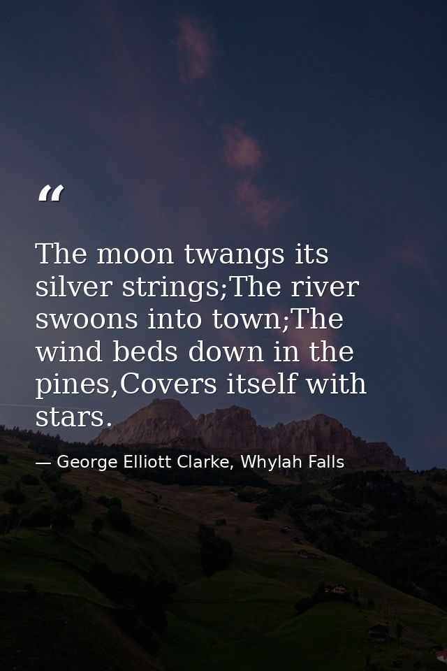 The moon twangs its silver strings;The river swoons into town;The wind beds down in the pines,Covers itself with stars. — George Elliott Clarke, Whylah Falls