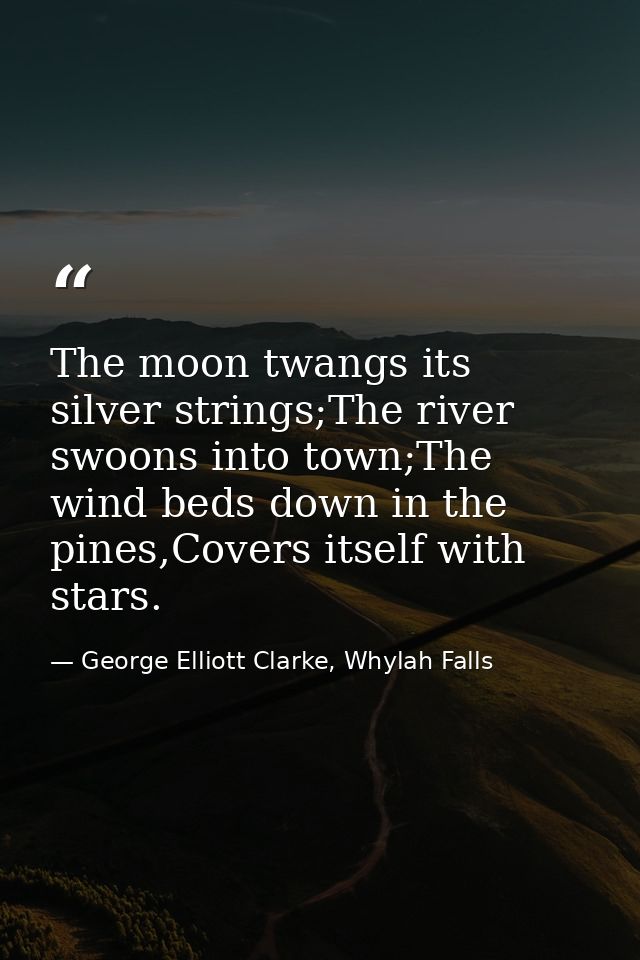 The moon twangs its silver strings;The river swoons into town;The wind beds down in the pines,Covers itself with stars. — George Elliott Clarke, Whylah Falls