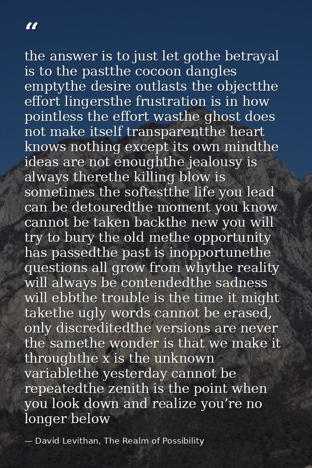 the answer is to just let gothe betrayal is to the pastthe cocoon dangles emptythe desire outlasts the objectthe effort  — David Levithan, The Realm of Possibility