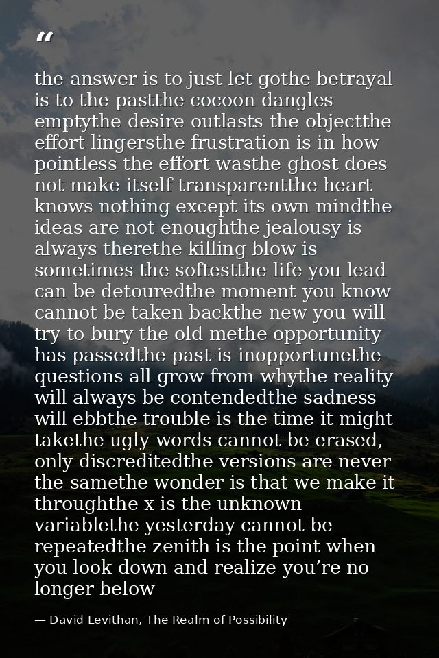 the answer is to just let gothe betrayal is to the pastthe cocoon dangles emptythe desire outlasts the objectthe effort  — David Levithan, The Realm of Possibility
