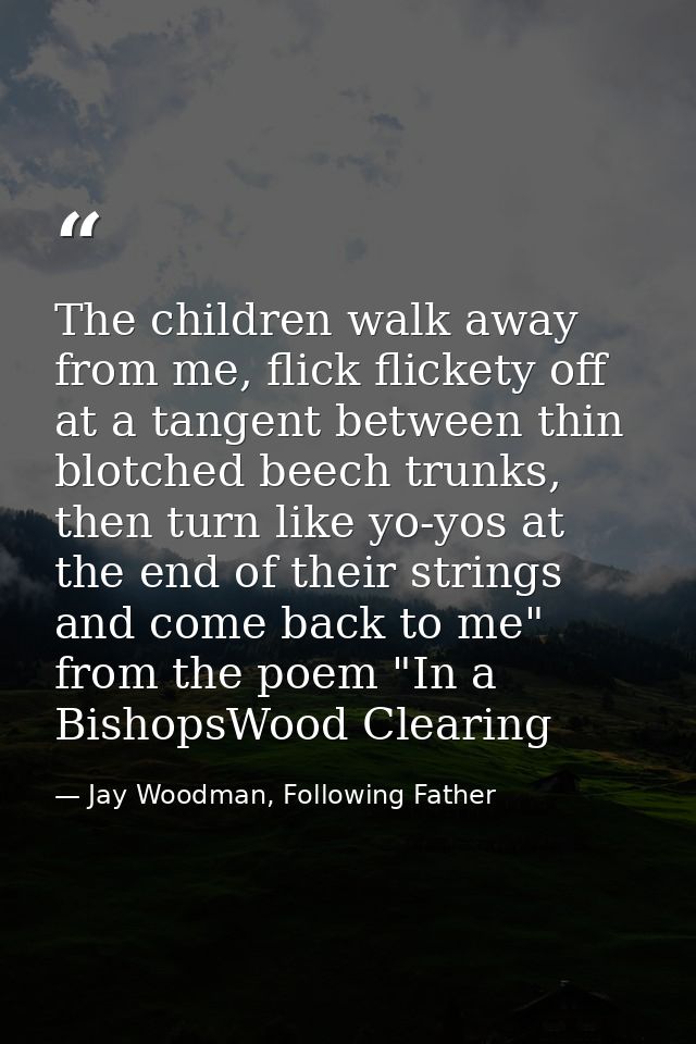The children walk away from me, flick flickety off at a tangent between thin blotched beech trunks, then turn like yo-yo — Jay Woodman, Following Father
