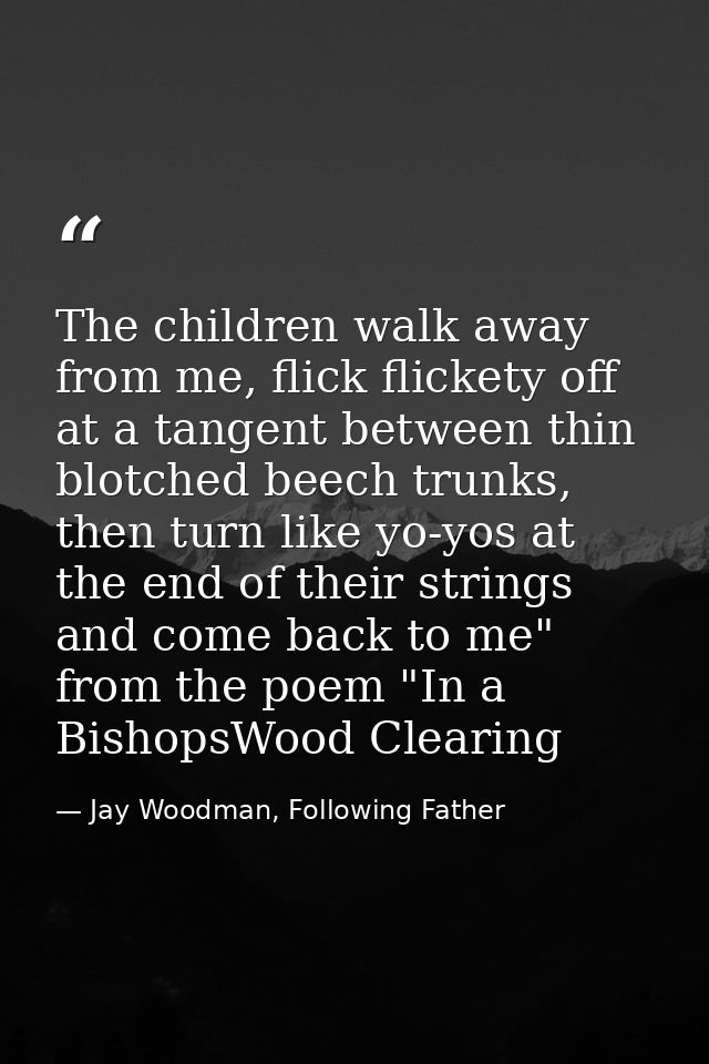 The children walk away from me, flick flickety off at a tangent between thin blotched beech trunks, then turn like yo-yo — Jay Woodman, Following Father