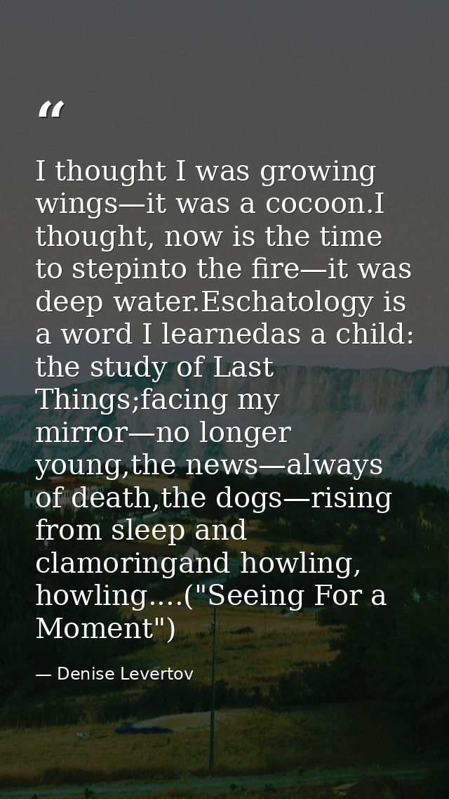 I thought I was growing wings—it was a cocoon.I thought, now is the time to stepinto the fire—it was deep water.Eschatol — Denise Levertov