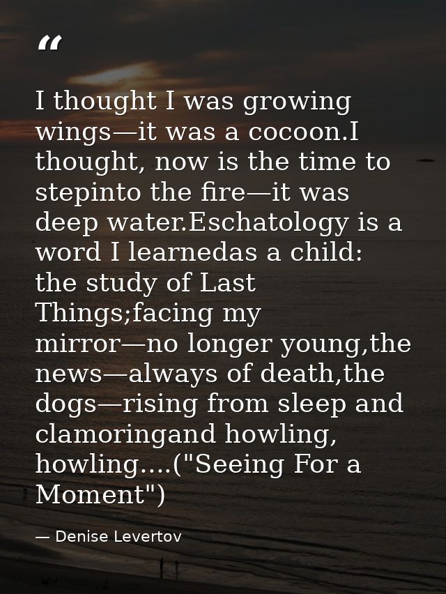 I thought I was growing wings—it was a cocoon.I thought, now is the time to stepinto the fire—it was deep water.Eschatol — Denise Levertov