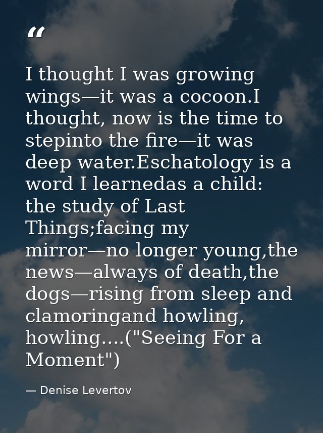I thought I was growing wings—it was a cocoon.I thought, now is the time to stepinto the fire—it was deep water.Eschatol — Denise Levertov