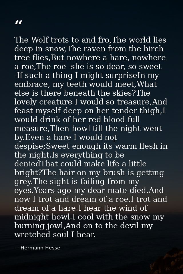 The Wolf trots to and fro,The world lies deep in snow,The raven from the birch tree flies,But nowhere a hare, nowhere a  — Hermann Hesse