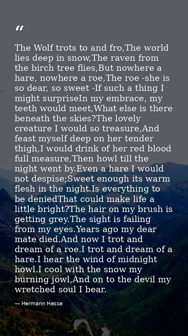 The Wolf trots to and fro,The world lies deep in snow,The raven from the birch tree flies,But nowhere a hare, nowhere a  — Hermann Hesse