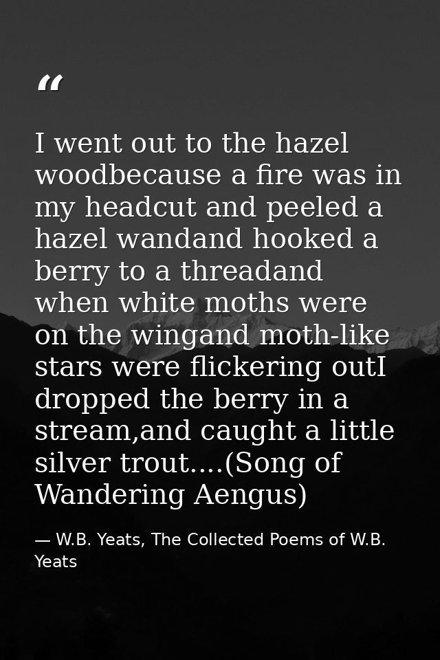 I went out to the hazel woodbecause a fire was in my headcut and peeled a hazel wandand hooked a berry to a threadand wh — W.B. Yeats, The Collected Poems of W.B. Yeats