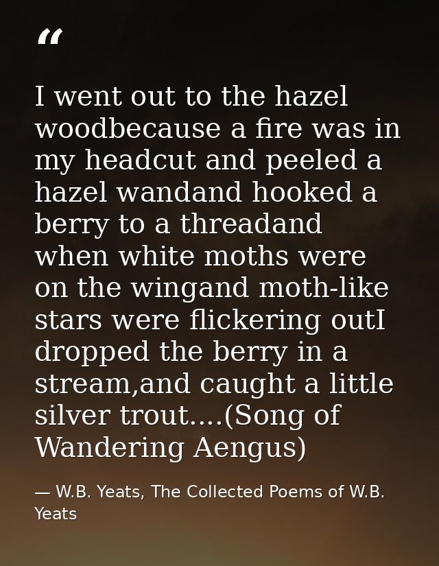 I went out to the hazel woodbecause a fire was in my headcut and peeled a hazel wandand hooked a berry to a threadand wh — W.B. Yeats, The Collected Poems of W.B. Yeats