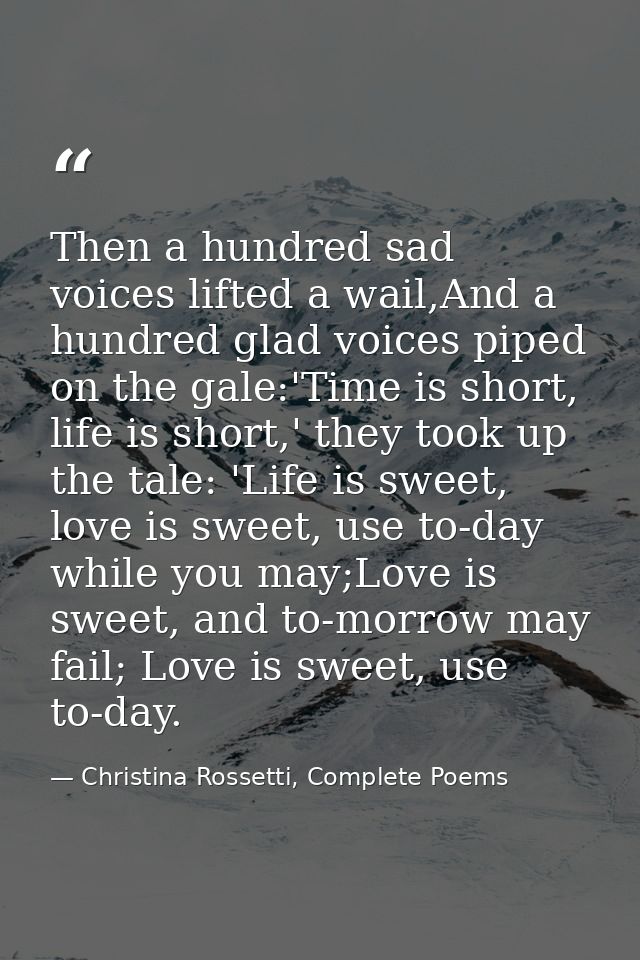 Then a hundred sad voices lifted a wail,And a hundred glad voices piped on the gale:'Time is short, life is short,' they — Christina Rossetti, Complete Poems