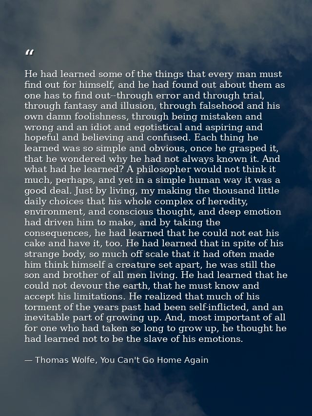 He had learned some of the things that every man must find out for himself, and he had found out about them as one has t — Thomas Wolfe, You Can't Go Home Again