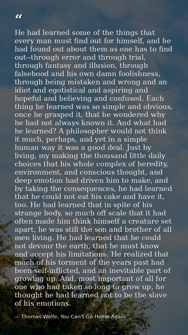 He had learned some of the things that every man must find out for himself, and he had found out about them as one has t — Thomas Wolfe, You Can't Go Home Again