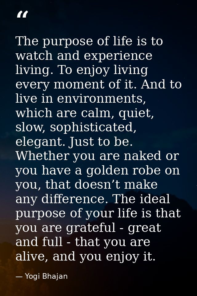 The purpose of life is to watch and experience living. To enjoy living every moment of it. And to live in environments,  — Yogi Bhajan