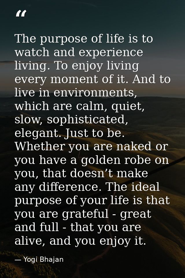 The purpose of life is to watch and experience living. To enjoy living every moment of it. And to live in environments,  — Yogi Bhajan