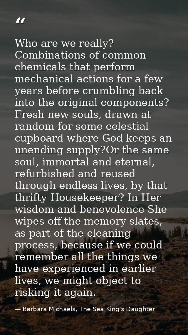 Who are we really? Combinations of common chemicals that perform mechanical actions for a few years before crumbling bac — Barbara Michaels, The Sea King's Daughter