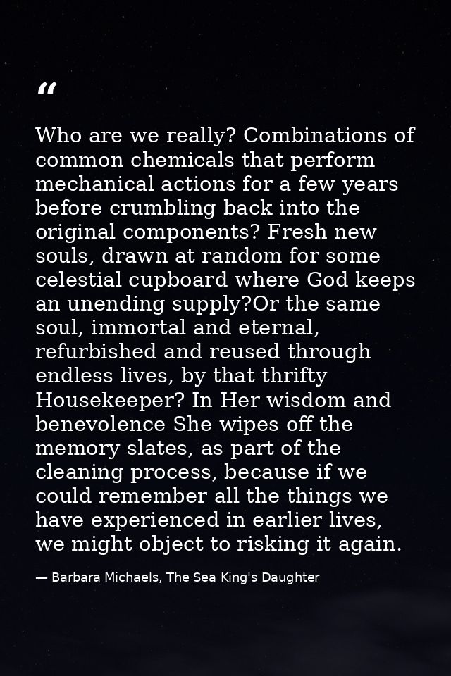 Who are we really? Combinations of common chemicals that perform mechanical actions for a few years before crumbling bac — Barbara Michaels, The Sea King's Daughter