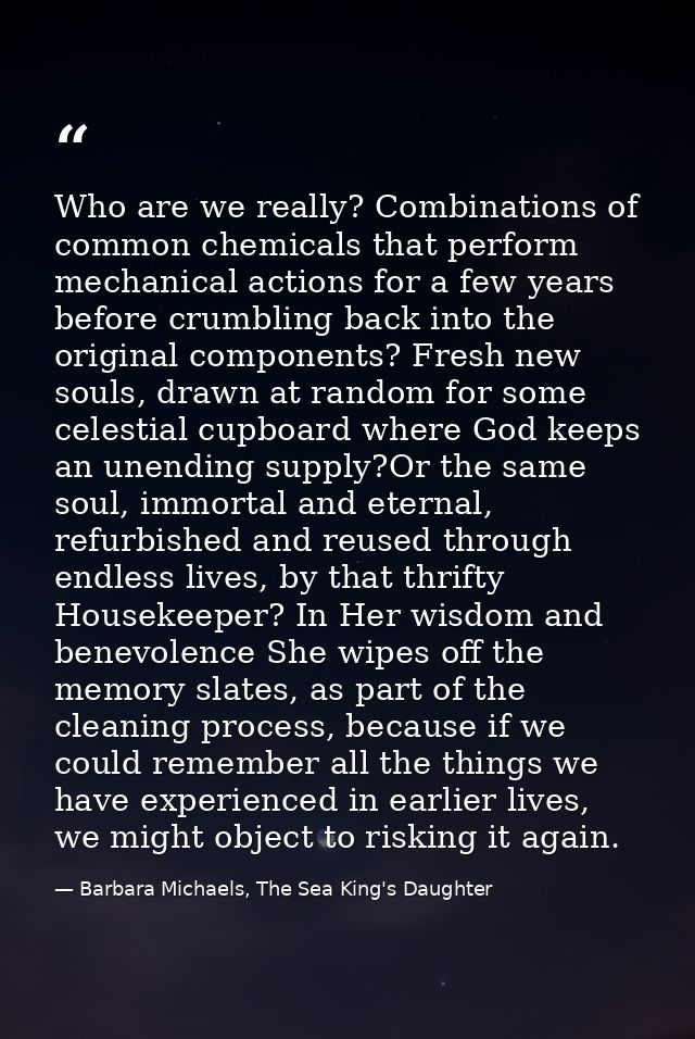 Who are we really? Combinations of common chemicals that perform mechanical actions for a few years before crumbling bac — Barbara Michaels, The Sea King's Daughter