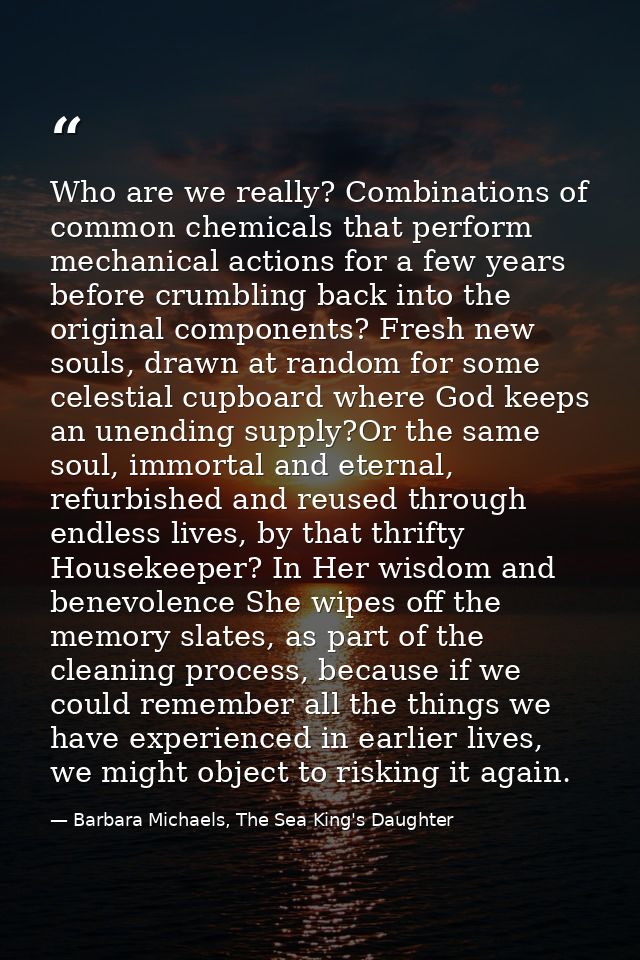 Who are we really? Combinations of common chemicals that perform mechanical actions for a few years before crumbling bac — Barbara Michaels, The Sea King's Daughter